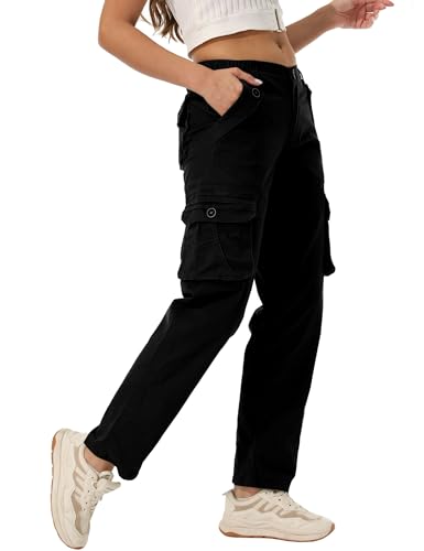 siyecaoo Cargohose Damen Y2K Hosen Elastische Taille Multi Taschen Leichte Hose mit weitem Bein Baumwolle Wanderhose Jogginghose Freizeithose Black 10-Tag 40