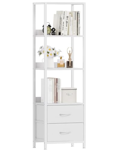 Furnulem 4-Tier Corner Shelf Bookshelf with 2 Storage Drawers 57.28Tall Narrow Bookcase Standing Shelf Organizer Unit for Living Room Bedroom Metal Frame Wood Display Shelf