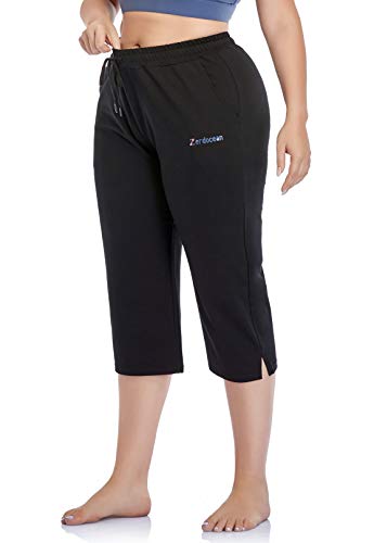 ZERDOCEAN Women's Plus Size Active Yoga Lounge Indoor Jersey Capri Walking Crop Pants with Pockets Drawstring3