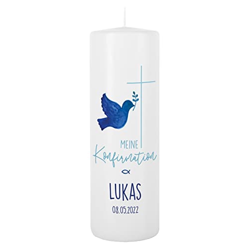 Herz & Heim Konfirmationskerze mit Gratis Aufdruck des Namens u. des Datums 8 x 25 cm Taube blau