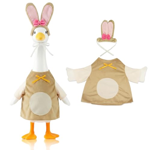 LANGFON Easter Bunny Porch Goose Outfit for 23" Cement or Plastic Gooses Statue, Easter Day Goose Outfit Porch Pink Rabbit Hat & Brown Fuffy Skirt for Holiday Lawn Outdoor Garden Patio Yard Decor