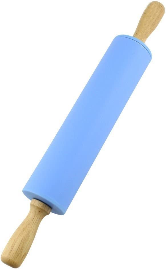 JICUICUI M&J Silicone Rolling Pin Non Stick Surface Wooden Handle 1.97X15.15 (Blue)