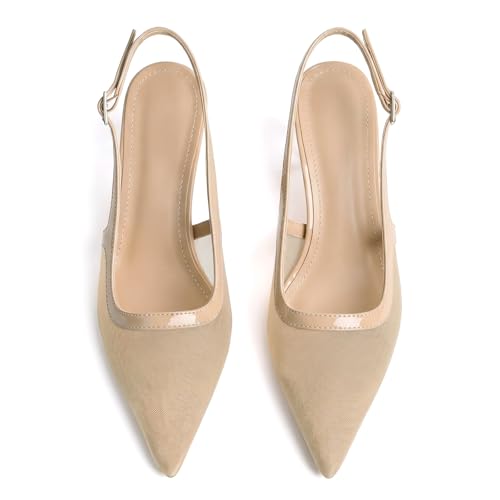 Image of KysBloes Pointed Toe Slingback Kitten Heels for Women Low Heel Pointed Toe Pumps Formal Dress Shoes Sling Back Heels