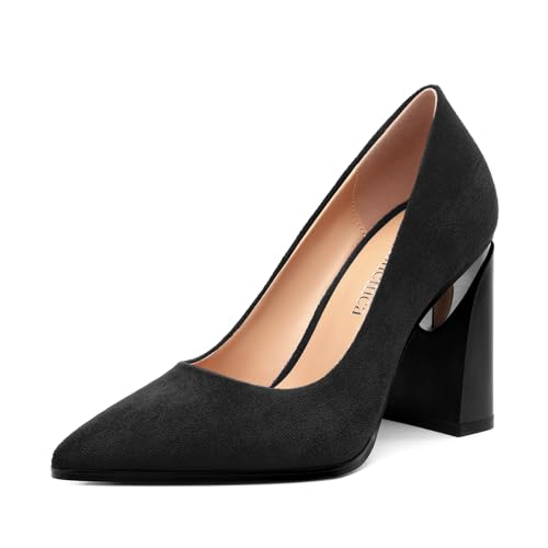 Women's Suede Chunky Block high Heels Comfortable Closed Pointed Toe Slip On Pumps Dinner Wedding Party Office Shoes 3.5 inch