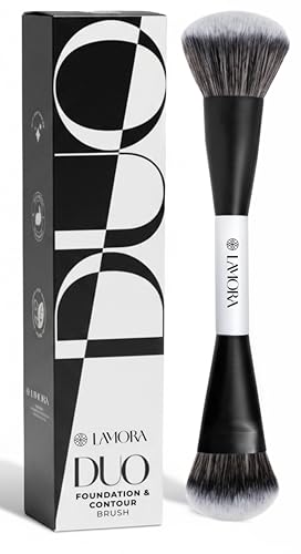 Lamora Bronzer Liquido + Contouring Fondotinta Pennello Trucco Doppio - Pennello Make Up Viso Duo Per Blush Illuminante Correttore - Vegano, Cruelty-Free & Setole Sintetiche