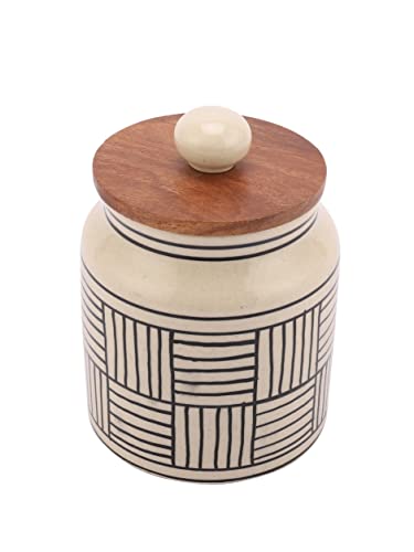 miah decor Ceramic Jars For Kitchen Storage with Wooden Lid Pickle Spices Sto...