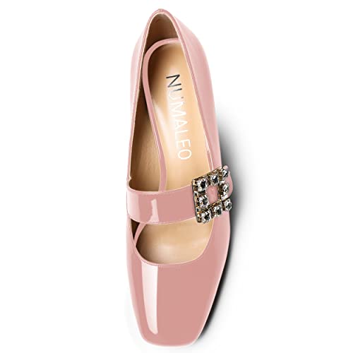 NUMALEO Womens Patent Bungee Square Toe Ankle Strap Night Club Sexy Block High Heel Pumps Shoes 3.3 Inch3