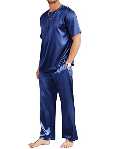 Ekouaer Mens Silk Satin Pajama Set Short Sleeve Sleepwear Silky Loungewear with Long Pants