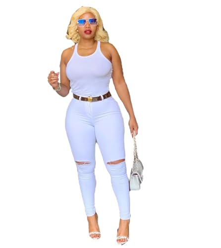 Women's High-Stretch Cotton Elastic Denim Ripped Jeans, Light Wash, Pencil Pants