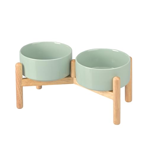 SPUNKYJUNKY Ciotola per Cani in Ceramica Ciotola per Cibo rialzata Ciotola per Acqua con Supporto in bambù per Cani di Taglia Media e Grande (850 ml, Verde Chiaro)