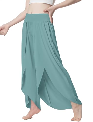 Image of EXARUS Girls Flowy Pants Dance Palazzo Wide Leg Teen Casual Baggy | Tween Split Loose Trousers Elastic High Waisted Vacation Beach Bottoms Youth Front Slit Junior Kids Size 6-12Y