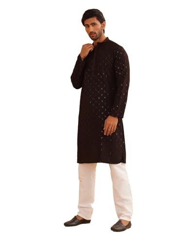 Image of SOJANYA (Since 1958 Men's Cotton Gold Embroidered Sequinned Kurta With white churidar Pyjama