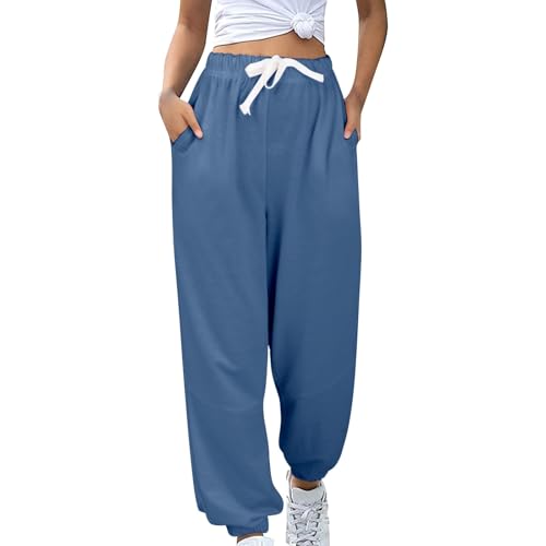 Pantalon de jogging pour femme couleur unie bleu clair doux taille haute