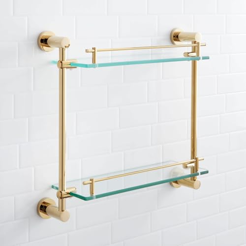 Signature Hardware 296468 Ceeley 17" Two-Tier Glass Shelf - Polished Brass