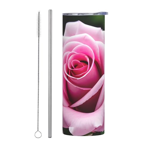 Juego de dos tazas de acero inoxidable con tapa, botella de agua aislada con estampado de rosa rosa, fácil de transportar para cafetería, oficina, coche, deportes