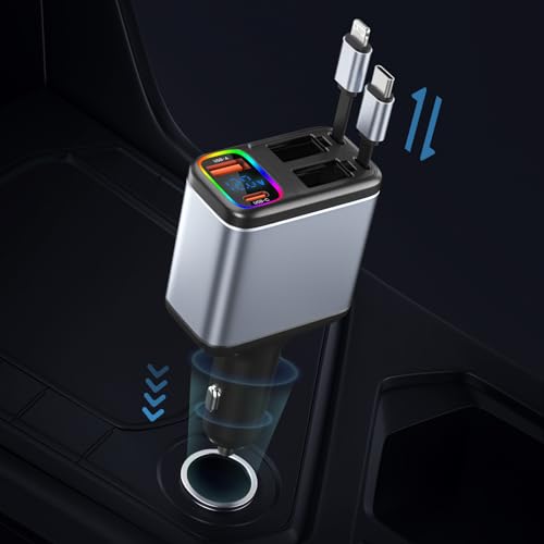 Billaddare Infällbar, Cigarettändare USB C 147W Mobiltelefon Snabbladdare PD&QC3.0 Billaddare Adapter 12V USB Biltillbehör Infällbar Laddning Kabel bil Laddare Kompatibel med Macbook, iPhone