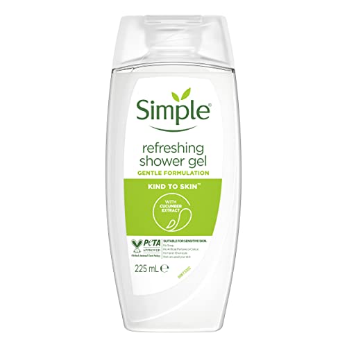 Simple Kind to Skin Refreshing Shower Gel pack of 6 body wash with natural cucumber extract for dry skin 225 ML, White