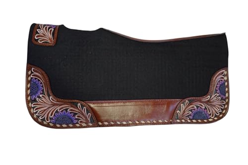 Equitem Felt Pad with Reinforced Leather Spine with Hand Painted Floral Tooled Leather Wears (Black Felt/Purple Flwrs, 24' x 24')