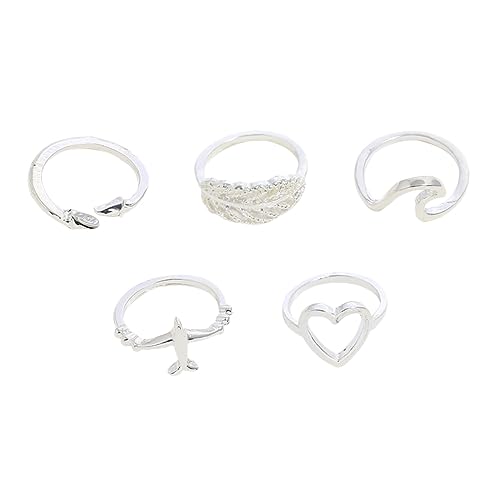 Holibanna 5pcs Women's Metal Ring Set Hollow Ring Waves and Leaf Present Occasion Travel Daily Use