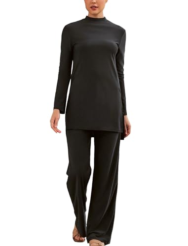 OBEEII Women Muslim Modest Swimsuit Long Sleeve Round Neck Full Cover Islamic Burkini Bathing Suit Summer Beachwear Sun Protection UPF 50+ Swimwear Two-piece Set Rash Guard Black S