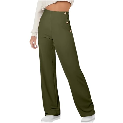 Dressy Work Pants for Women Stretchy Button Side High Waist Business Office Casual Straight Leg Trousers with Pockets