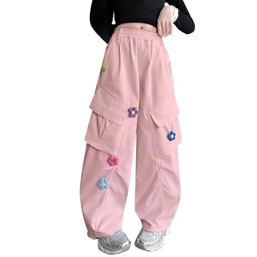 Girls Baggy Sweatpants Cargo Wide Leg Elastic Waist Pink Y2K Athletic Joggers Dance Running (Pink, 9-10 Years)