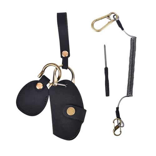 Black Genuine Leather Keychain with Apple Airtag Holder, Retractable Car Key Chains with Wristlet Lanyard, Air Tags Gps Tracker Case, Key Fob Holder Heavy Duty, Key Organizer with Airtag Case