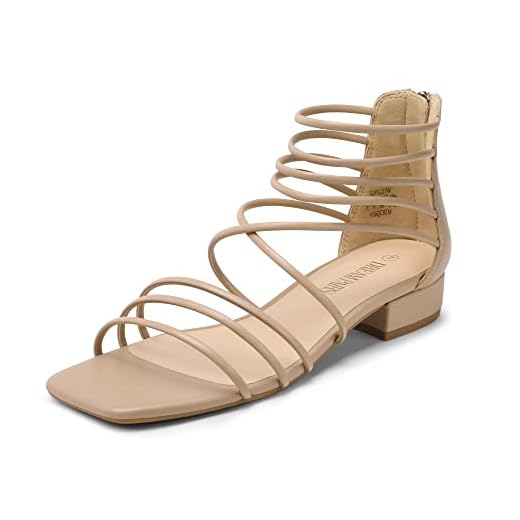DREAM PAIRS Women's Summer Casual Strappy Sandals Dressy Cute Square-Toe Comfortable Flat Shoes, Nude, Size 9, SDFS227W