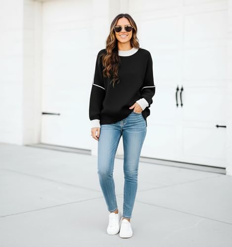 Image of Womens Oversized Sweaters Fall 2026 Fashion Clothes Colorblock Knit Tops | ETCYY Striped Sweaters For Women Trendy,Batwing Sleeve Oversized Sweater Pullover Tops,Cute,Spring Winter Fall Outfits