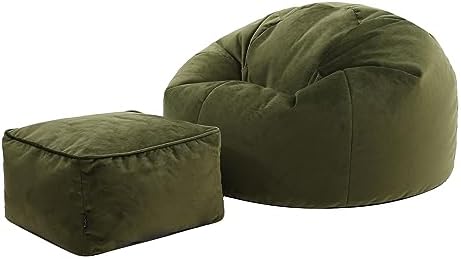 icon Kingston Velvet Bean Bag with Footstool, Olive Green, Large Adult Bean Bag Chair with Filling Included, Accent Chair, Pouffe Footstool, Living Room, Living Room Furniture, Bedroom Furniture