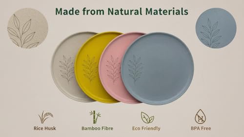 Image of Happy Cove Eco-Friendly Dinner Plate Set of 4, 12 Inch with Engraving Design | Biocomposite Rice Husk & Bamboo Fibre Serving Plates | Unbreakable, Microwave Safe, Oven Plate, Multicolour