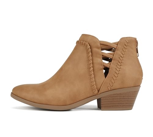 Soda Sincere Women's Low Ankle Heel Bootie with Elastic Cross Straps (Wide Fit Available) (Tan Nbpu, WIDE 9)