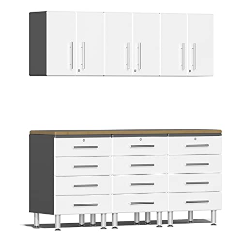 Ulti-Mate UG28072W 7-Piece Garage Cabinet Kit with Bamboo Worktop in Starfire White Metallic