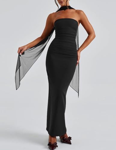 Womens Sexy Strapless Maxi Cocktail Dress with Scarf Back Split Bodycon Tube Party Wedding Guest Dresses3