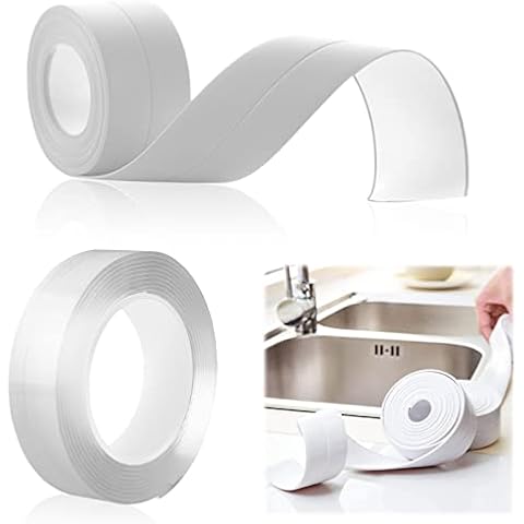 Küchen-Dichtungsstreifen (2 Set), 1 Stück (3,2 m x 3,8 cm) Selbstklebendes Dichtungsband für Badewanne, Toilette, Waschbecken + 1 Stück (3 m x 3 cm) Abnehmbares doppelseitiges Nano-Griffband Cover