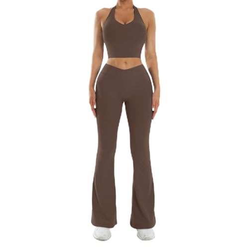 Image of Roman Vinessan Womens Two Piece Workout Sets Wrap Halter Tank Top Matching High Waist Flared Leggings for Yoga Pilates (Coffee brown,X-Large)