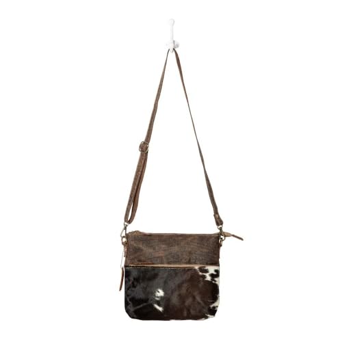 Myra Bag Point Rock Cowhide Purse - Western Purses for Women, Bourbon Chocolate Leather with Cow Print Hairon Cross Body