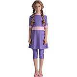 Girls Half Sleeve Rash Guard Capris Pants Color Block Tankini Swimsuit 2 Piece Bathing Suit for 0-13 Years with Swimming Cap