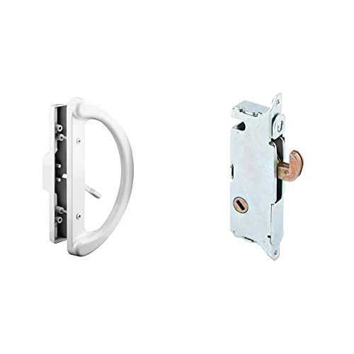 Prime-Line C 1225 Sliding Patio Door Handle Set & E 2014 Mortise Lock - Adjustable, Spring-Loaded Hook Latch Projection, Aluminum And Vinyl, 3-11/16”, 45 Degree Keyway, Round Face #TOP6