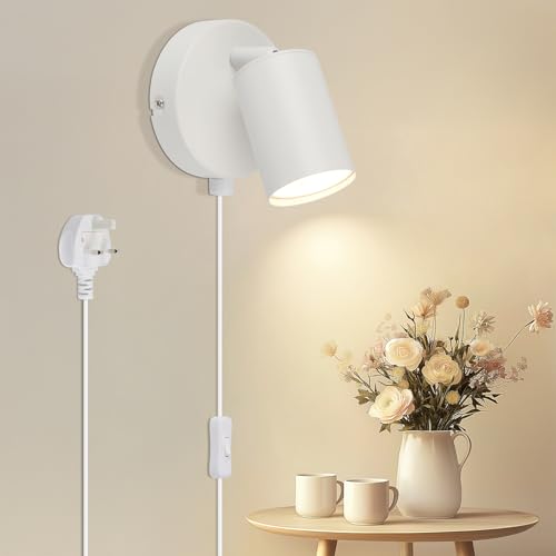 TaFiCo White Plug in Wall Light for Bedroom GU10 - Modern Plug in Wall Lamp with Plug 350° Rotatable - Indoor Wall Sconce Light with Switch - Wall Lights for Living Room Kitchen - Bulb Not Included