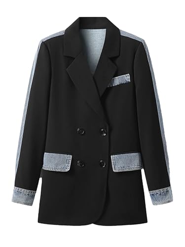 UIOKLMJH Women's Notched Collar Patchwork Denim Blazer Long Sleeve Suit Coat