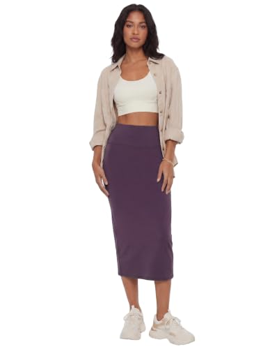 Image of Rooscier Women's High Waisted Pencil Midi Skirt | Stretchy Bodycon Knee Length Skirts with Back Slit
