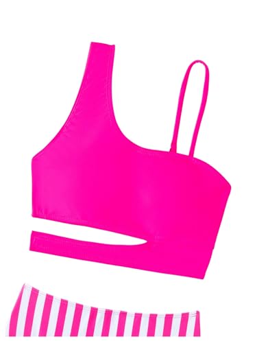 SHENHE Girl's 2 Piece One Shoulder High Waisted Cut Out Bikini Swimsuit Bathing Suit Striped Hot Pink 16 Years3