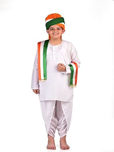 Image of BookMyCostume Tricolor Turban and Stole with Dhoti Kurta Indian Patriotic Independence Day Kids Fancy Dress Costume 12-14 years