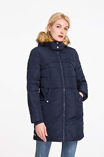 Polydeer Women's Classic Winter Jacket Soft Thickened Vegan Down Coat Warm Puffer Parka W/Faux Fur Hood (Navy, S) #TOP1