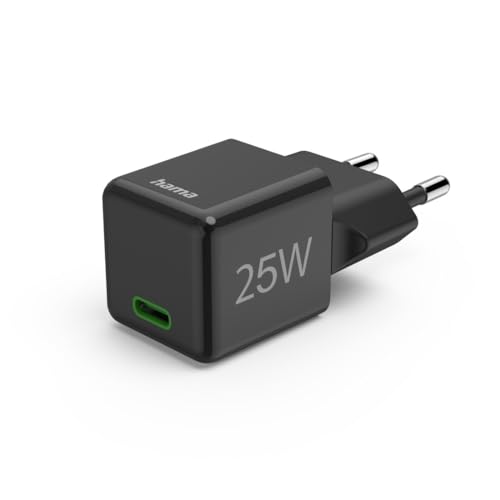 Hama Schnellladegerät (Ladegerät mit USB-C unterstützt Power Delivery und Qualcomm Quick Charge, 25 W, Super-Mini-Format 2,9 x 2,75 x 2,75 cm, ideal für Samsung) Schwarz
