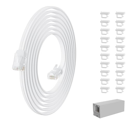 HiFind Telephone Extension Cord 100 Ft, Anti-UV Weatherproof Phone Cable Line Wire with Standard RJ11 Plug for Landline Modem Fax Machine Outdoor with 1 in-Line Coupler&Clip Holders -Flat-White