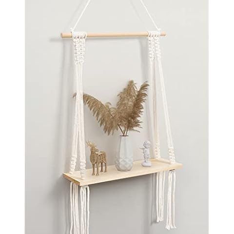 Petrala Hanging Floating Shelves Wood Wall Hanging Shelf Boho Macrame Shelf, Decoration Bohemian Floating Shelf Hand Woven Tassel Chic Floating Shelf for Living Room Bedroom Bathroom Balcony Hallway Cover