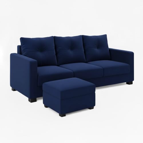 Image of FURNY Amonster 4 Seater L Shape Sofa Set with Movable Ottoman | Flexible Left or Right Layout | Plush Velvet Fabric (Dark Blue) | Perfect for Living Room, Guest Room & Office