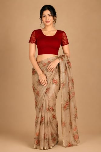 Image of Abhi Cotton Readymade Saree Blouse for Women- Half Net Sleeves, Round Neck, Regular-fit, Stretchable, Pull-on Style Blouse
